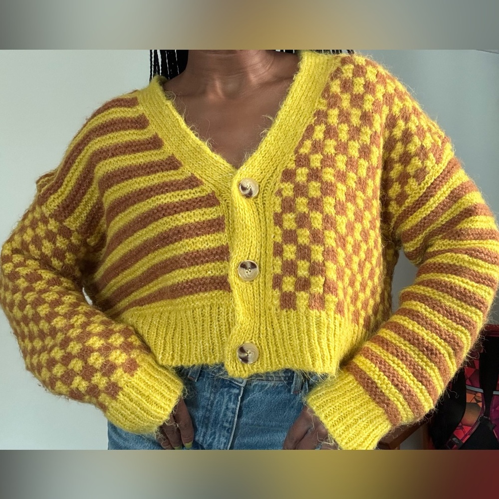 ZARA Yellow and Brown Fuzzy Cropped Cardigan
